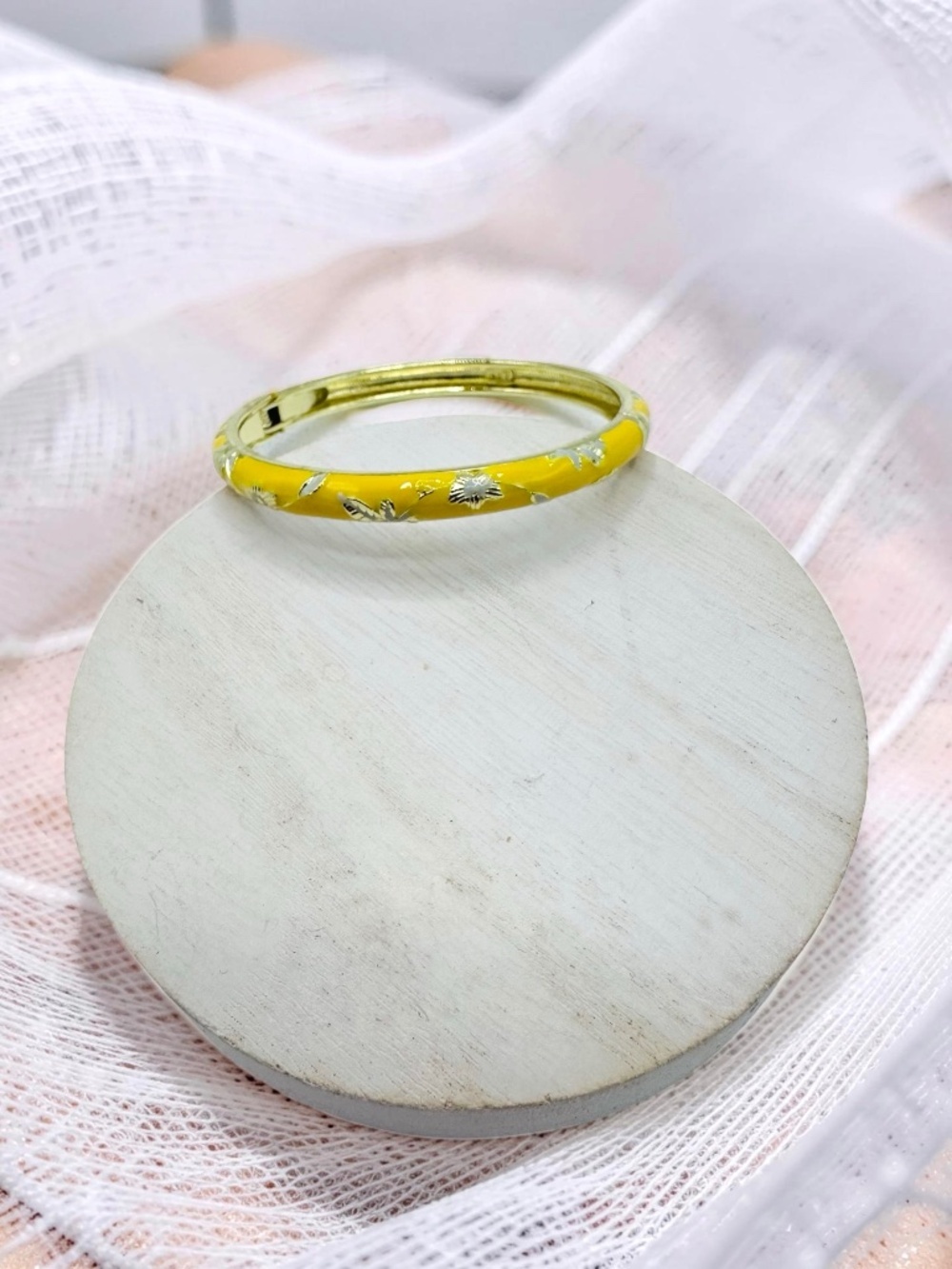 Yellow Floral Enamel Bangle Bracelet Gold Tone Vintage Style Statement Jewelry